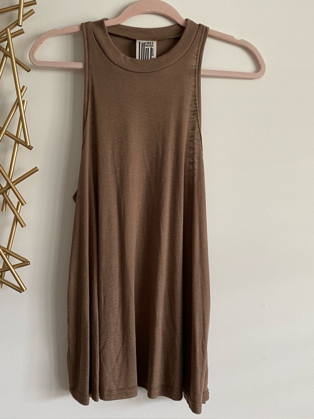 Free People Brown Tan Ribbed Flowy High Neck Racerback Tank Top Tunic Dress  - L